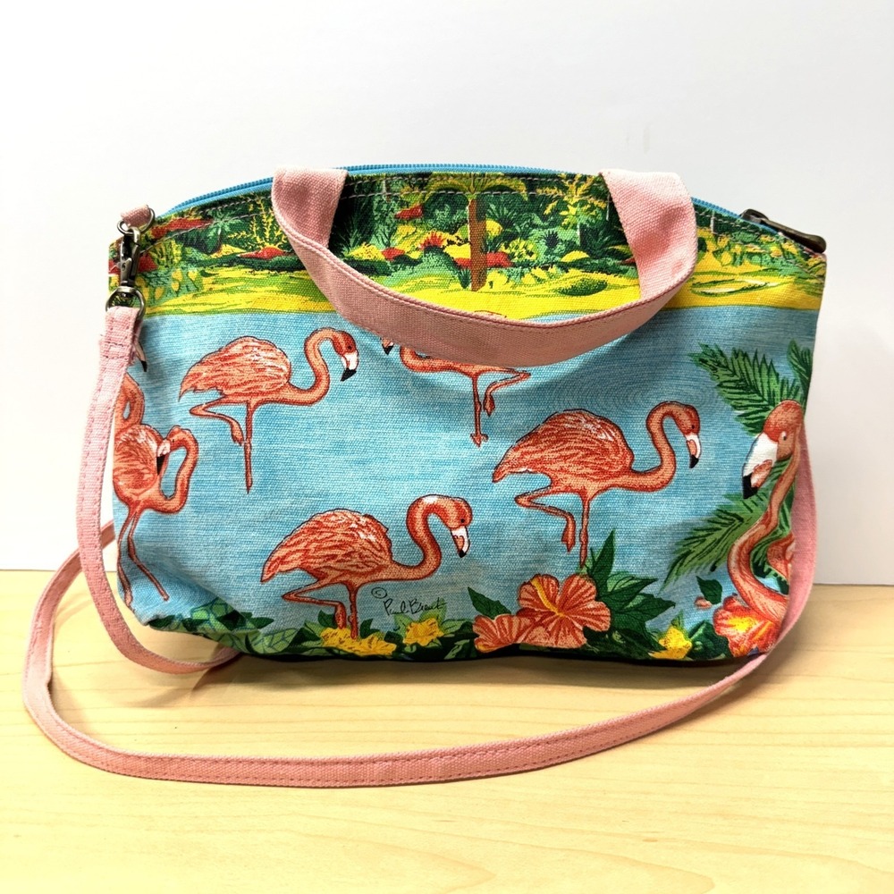 Paul Brent Coastal Life Tropical Flamingos Canvas Small Tote Crossbody Bag Zip - Picture 4 of 12